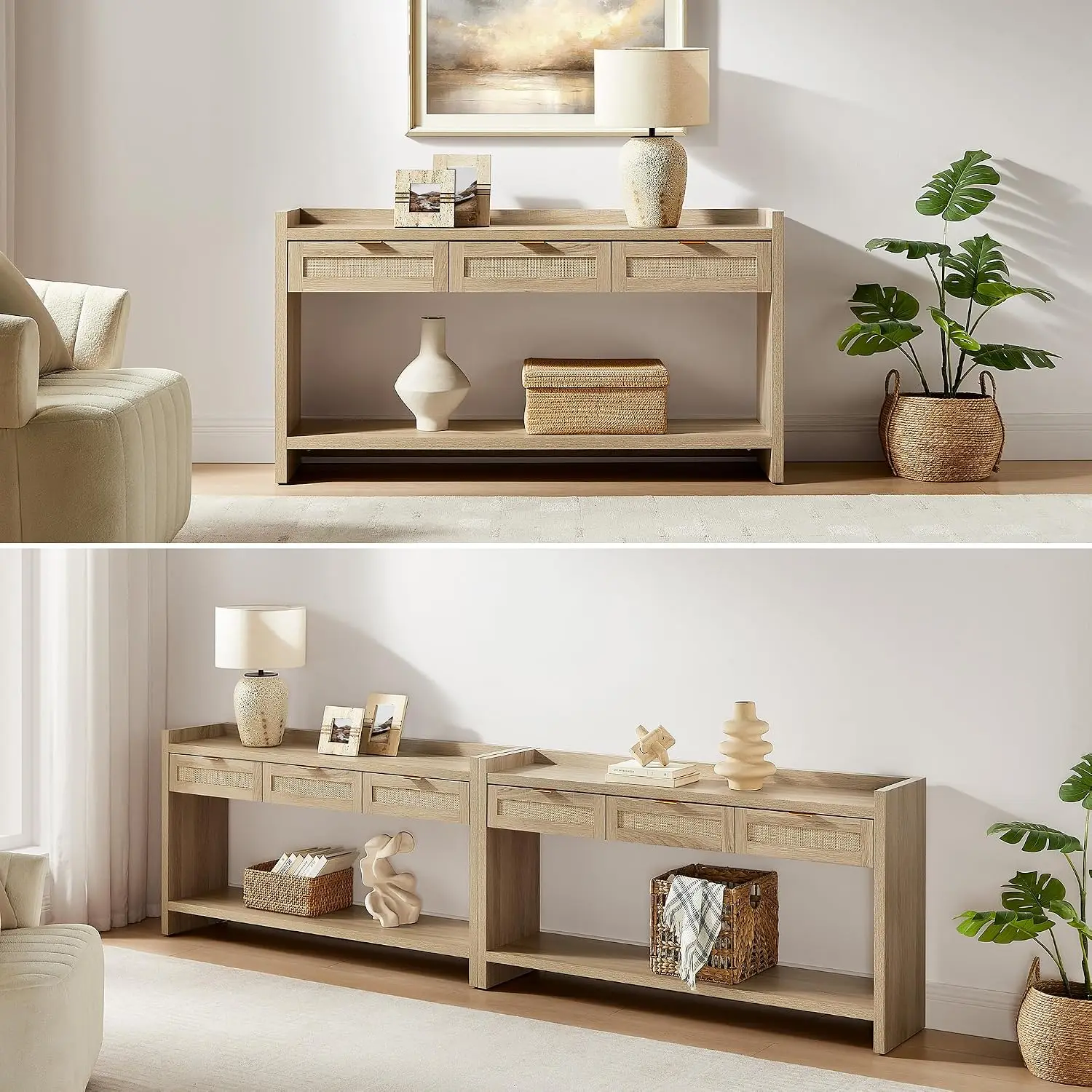 60‑Inch Rattan Farmhouse Console Sofa Table with Storage Drawers, Long Narrow Behind‑Couch Accent Table for Entryway, Hallway, Foyer and Living‑Room view 3