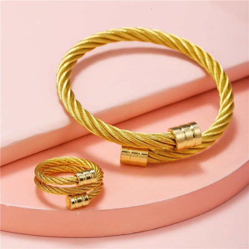 Trendy 316L Stainless Steel Couple Accessories Titanium Steel Wire Rope Bracelet Ring Set Open Ladies Jewelry Set