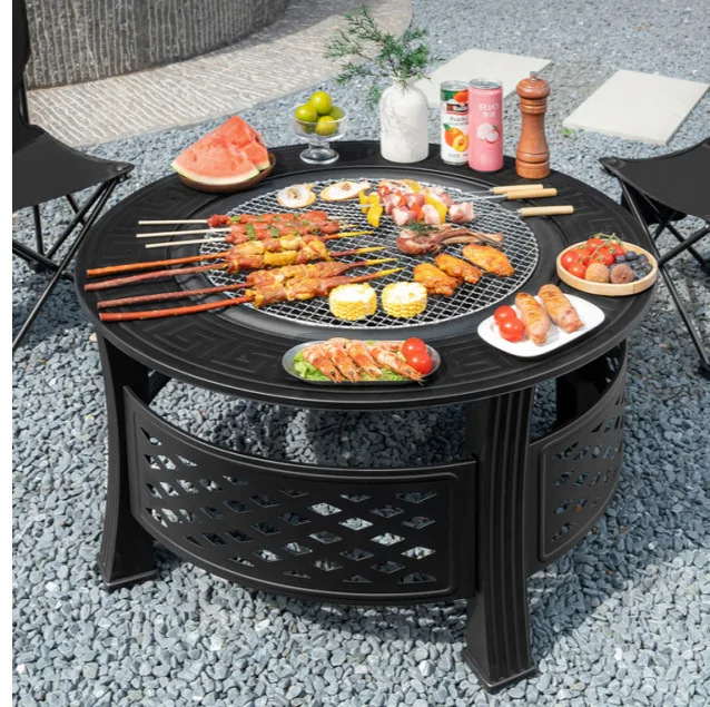 Winter Garden Fire Pit Tea Table 4-6 Person Outdoor Fire Pit Barbecue Table with Grill Heating Stove