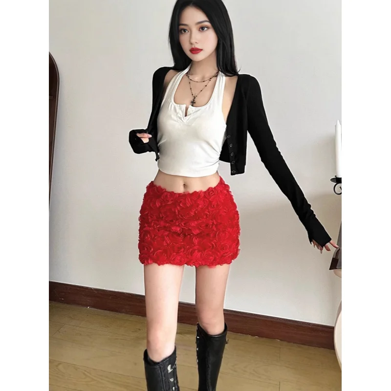 2026New women's nightclub fashion sexy solid color three-dimensional floral ultra-short skirt direct from the factory