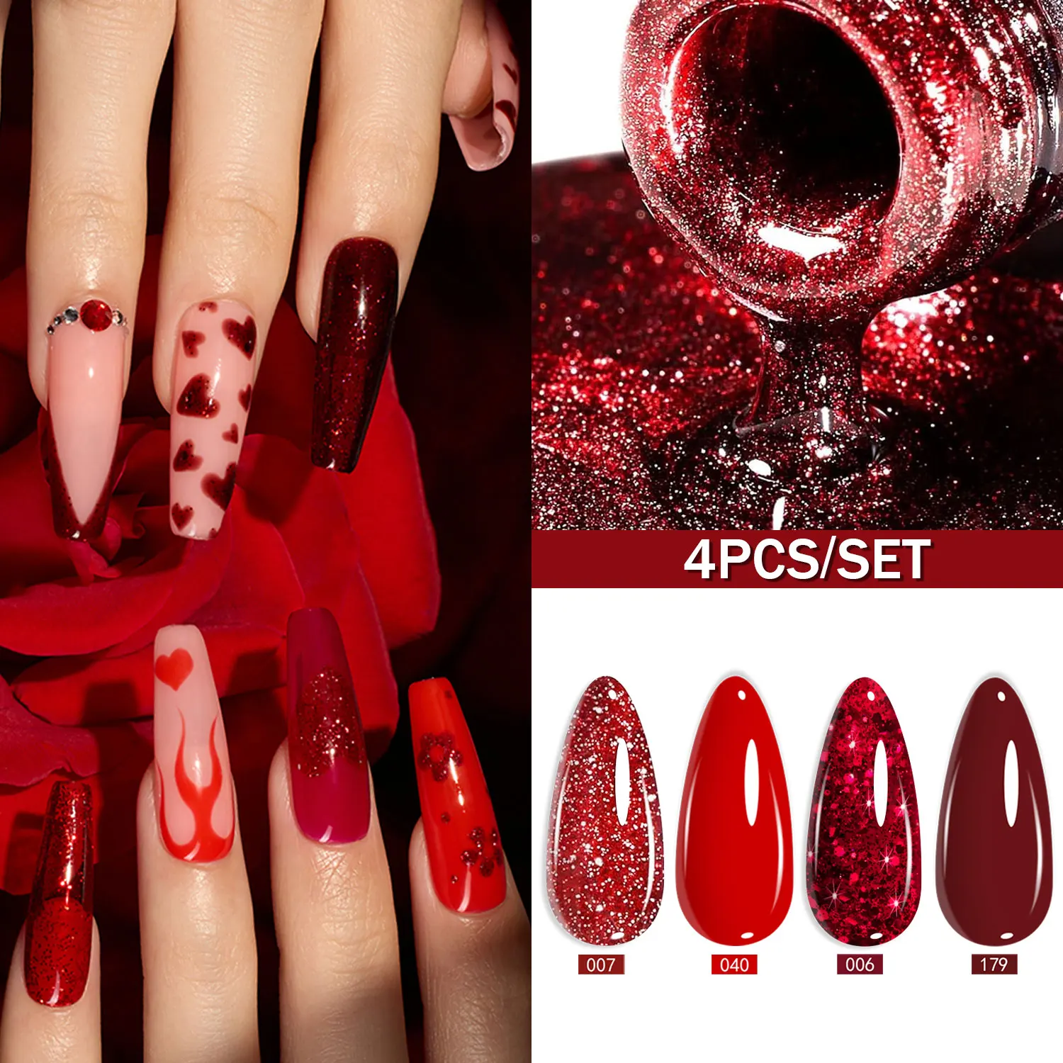 QAZIXU 1-4 Uds. Juego de esmaltes de uñas de Gel rojo clásico Soak Off UV LED Glitter Nail Art Kit DIY para uso profesional y doméstico Color Popular