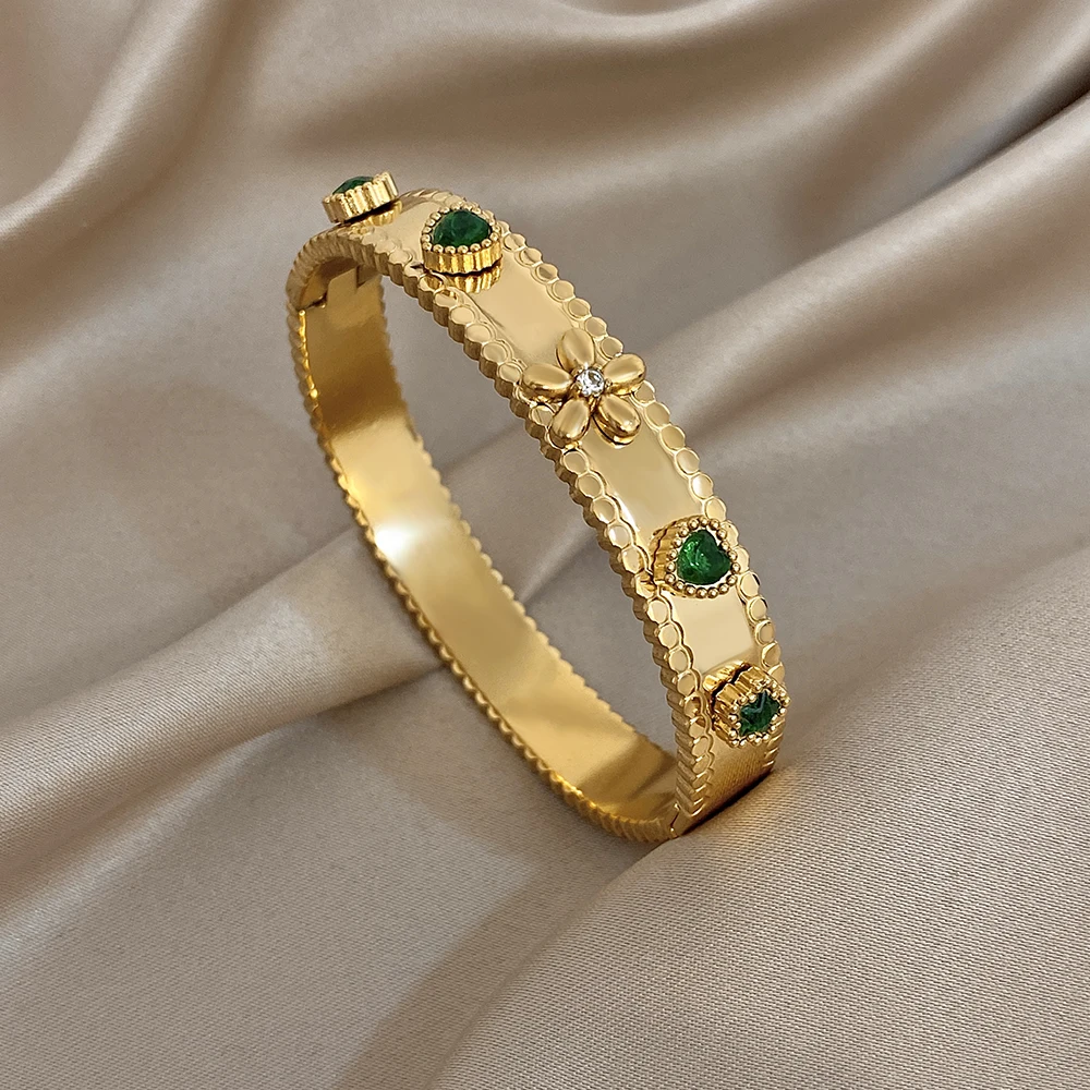 

DODOHAO Elegant Green Zircon Stainless Steel Bracelet Women Retro Heart Flower Open Spring Buckle Bangle Luxury Jewelry Gift