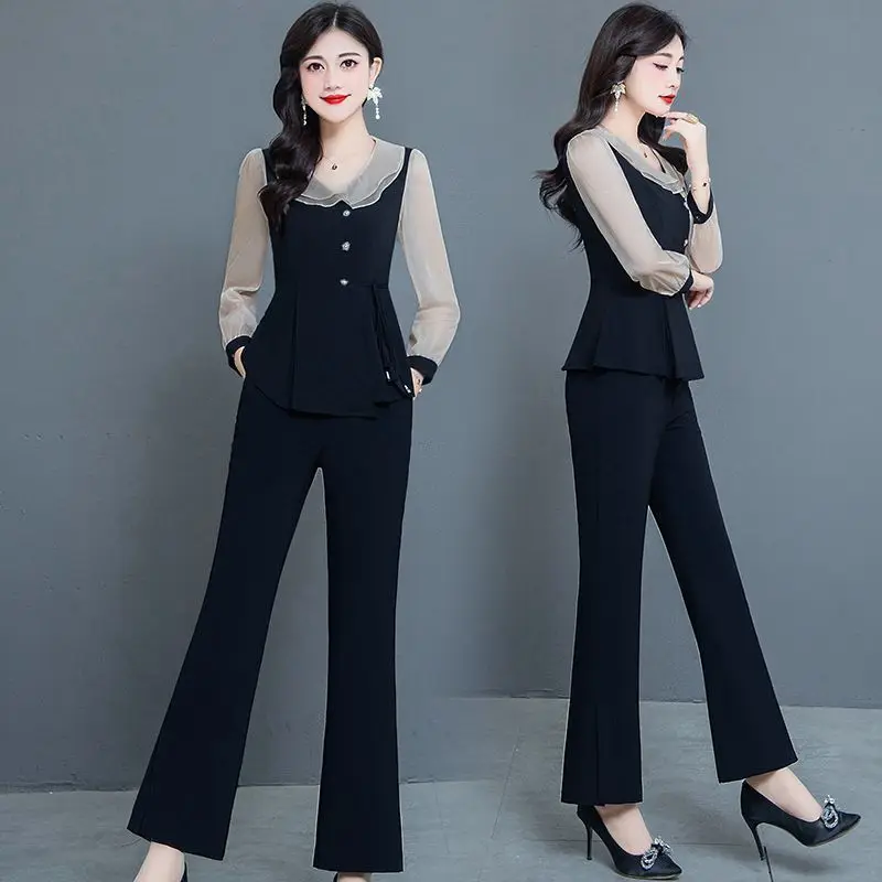 Fashion Pants Sets For Women 2024 Spring New Office Lady Ruffled Collar Patchwork 2 Pieces Pantsuits Female Costume Outfits