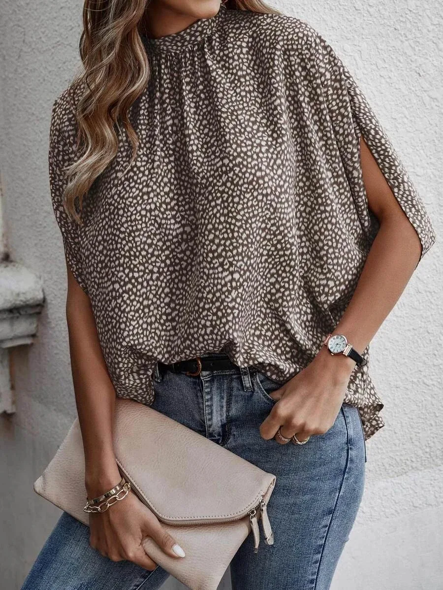 

Women Blouses Elegant Half High Collar Batwing Sleeve Shirt Office Lady Top Fashion Lace Up Bow Folds Loose Summer Streetwear