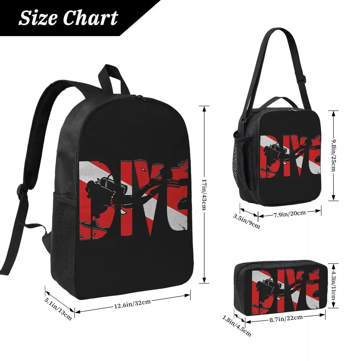 Scuba Diving Dive Diver Sea Snorkeling Sports Backpack Student Boys Girls BookBag School Bag 3ps Insulated Lunch Bag Pencil Case