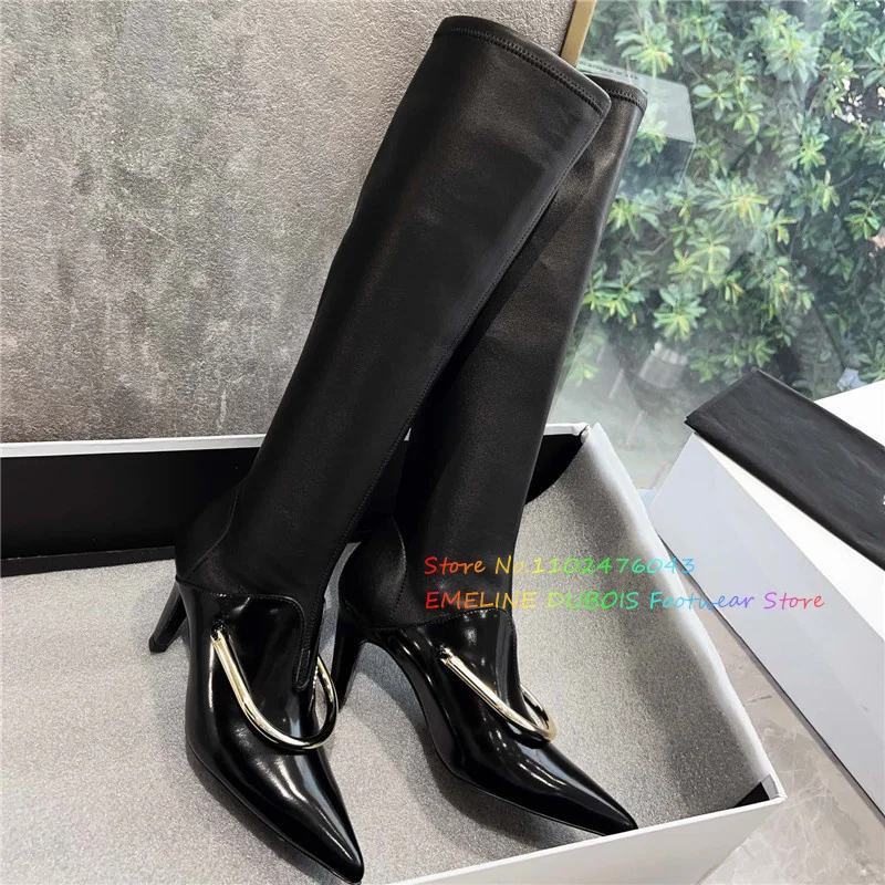 High Tube Metal Ring Knight Boots Pointed Toe Genuine Leather Elastic Sewing Slip On Stiletto Over The Knee Boots Fashion Shoes