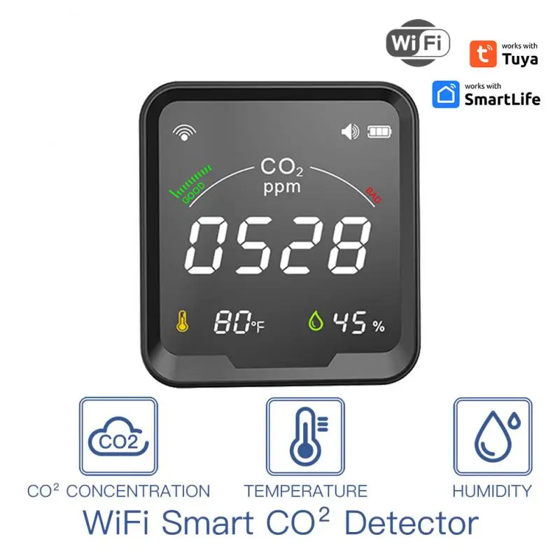 

Датчик CO2 Tuya 3 в 1, умный измеритель углекислого газа, Wi-Fi, с ЖК-экраном