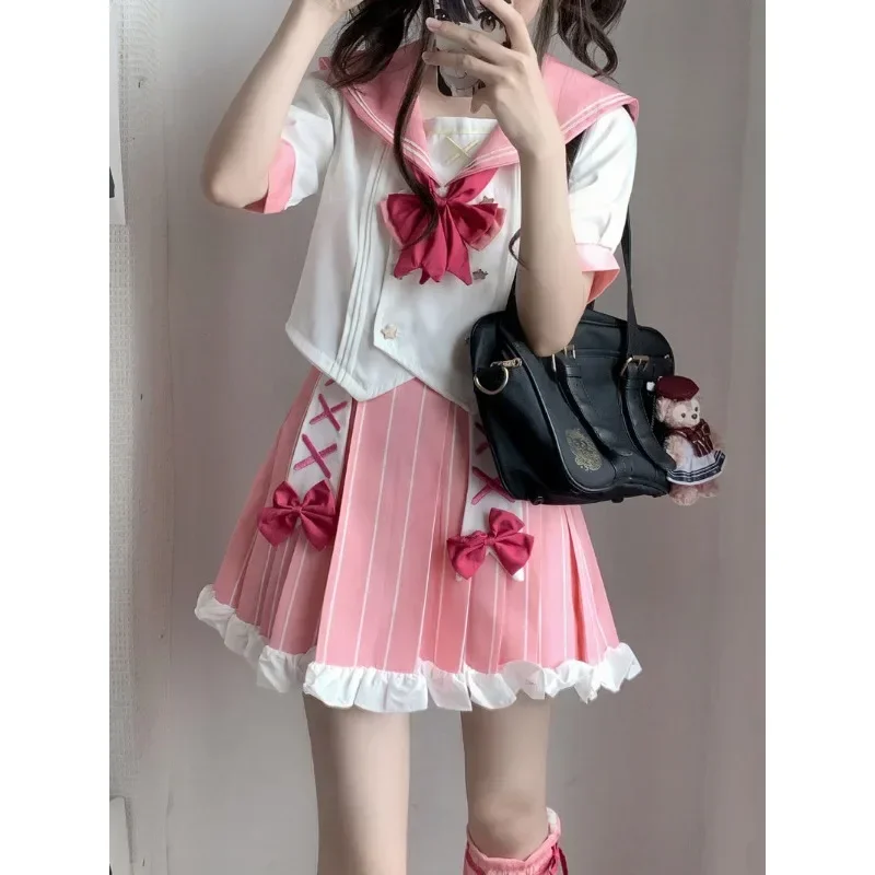 Original Kawaii Katze isst Fisch Matrosenanzug Top Rock Fliege Beinabdeckung Frauen japanische Mode Cosplay JK Anzug Schulkleidung