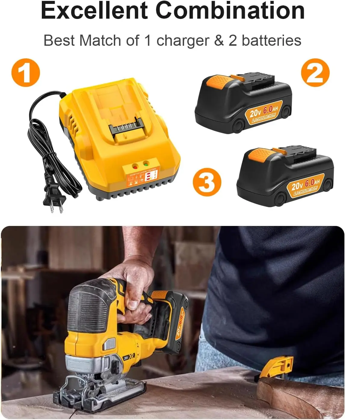 Upgraded 20V 6.0Ah Battery Replacement for Dewalt 20v Battery 2Pack with DCB112 Charger Combo