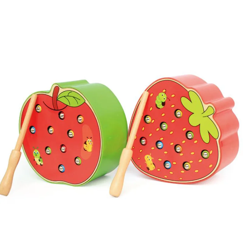 Juguete de captura de madera con forma de fruta para niños, juego de gusanos de colores, palo magnético, juguete interactivo para niños, regalo para niños y niñas