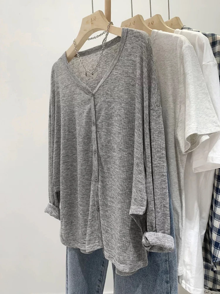 Damen-Strickjacke mit V-Ausschnitt und langen Ärmeln, Sonnenschutz, leichte Strickwaren, Frühling, Sommer, lässige Strandmode, Top, Strickjacke – Detail 13