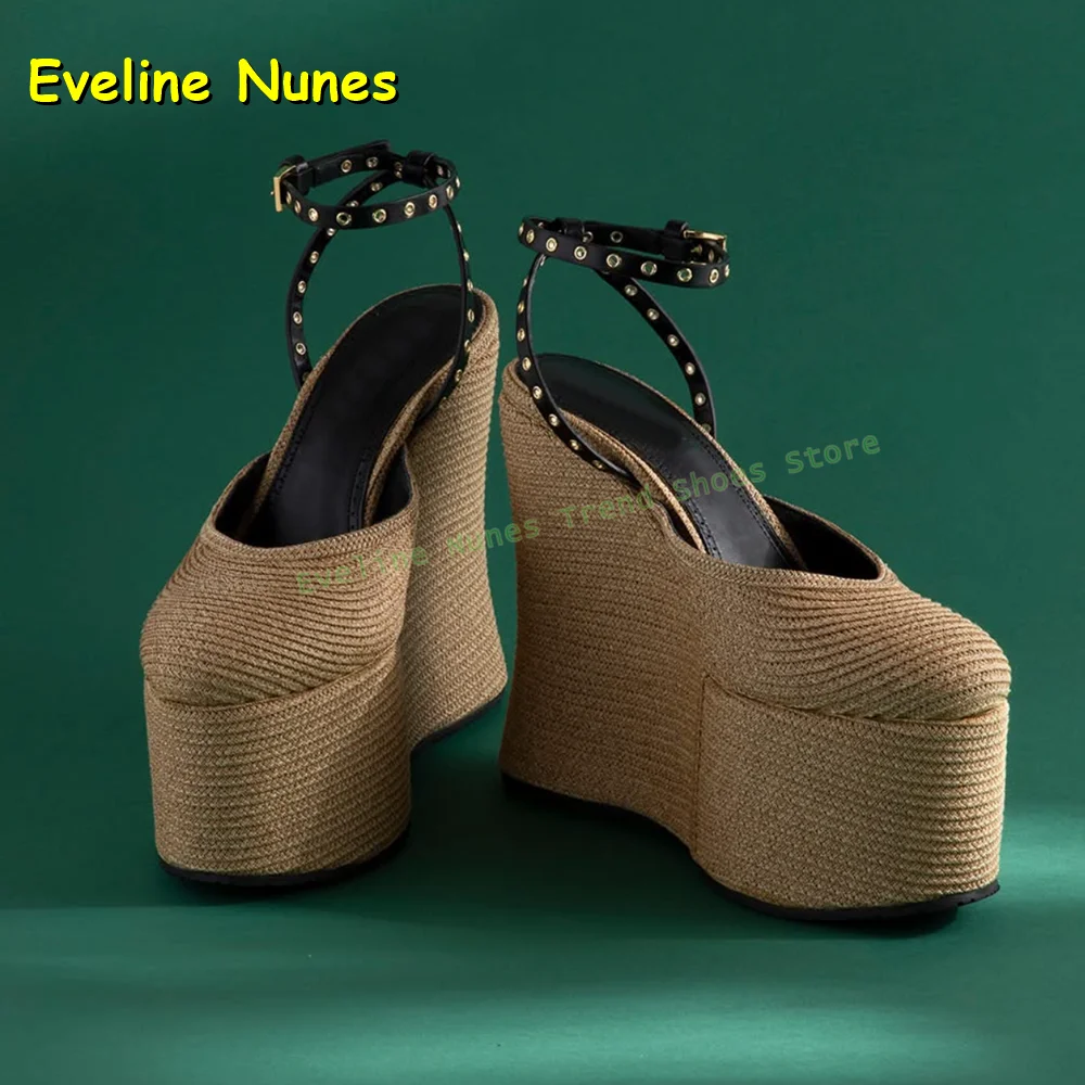 

Leather-Trimmed Paper Straw Wedges Sandals 2025 New Style Summer Round Toe Platform Shallow Golden Women Dress Elegant Pumps