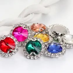 21 colori strass di cristallo di vetro, fibbia di forma rotonda inferiore argento, utilizzata per il cucito, accessori per cucire abbigliamento fai da te