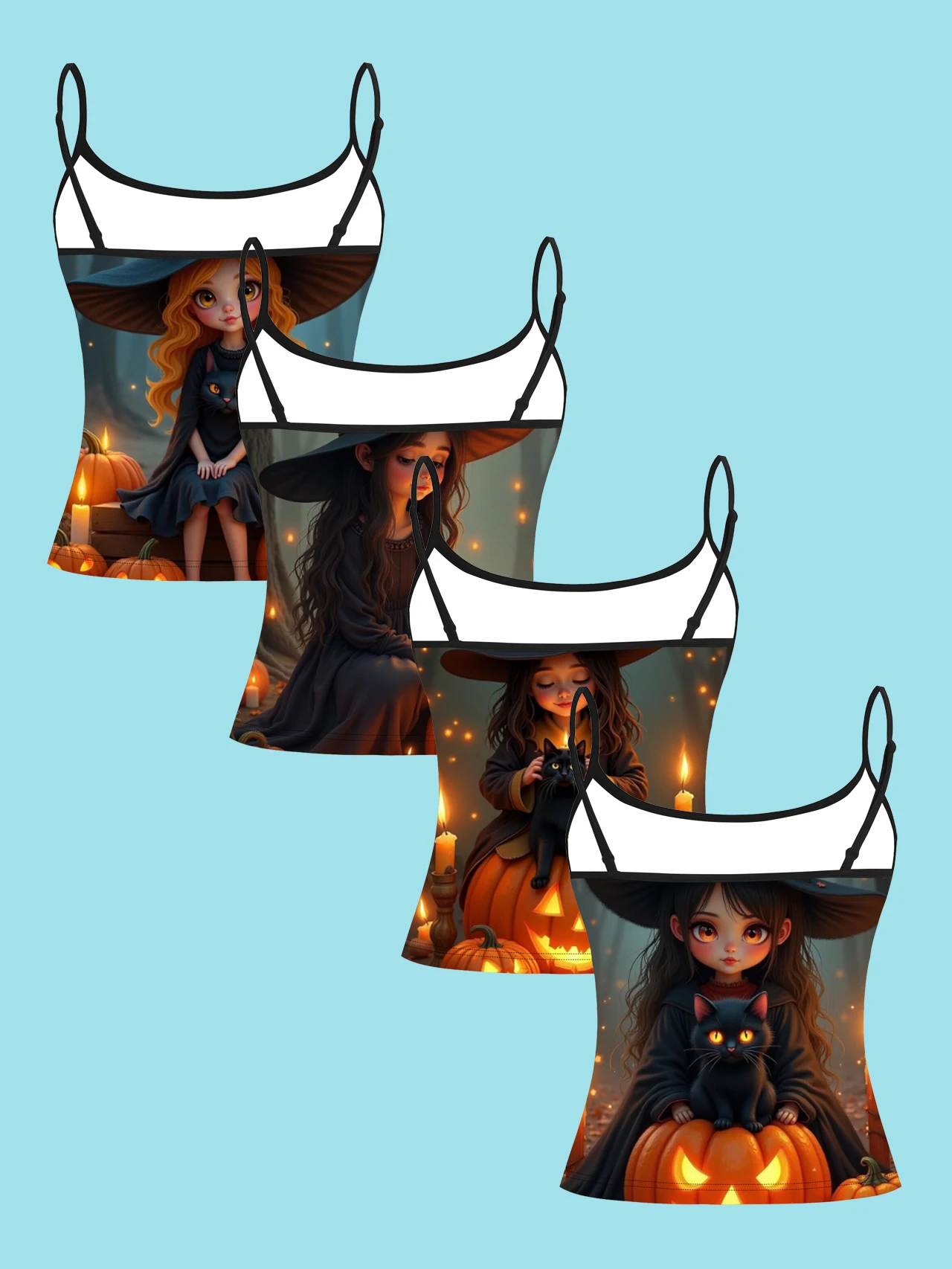 4-Piece Set of Cartoon Witch Girl, Black Cat, Pumpkin Halloween Print Camisole for Women, Gentle Atmosphere Spaghetti Strap Slim-Fit Inner Top