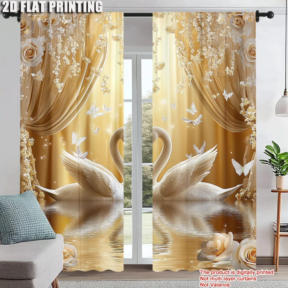 

2Pcs Classic Swan And Floral Print Window Curtains Machine Washable Polyester Material Rod Pocket Design Suitable For Bedroom
