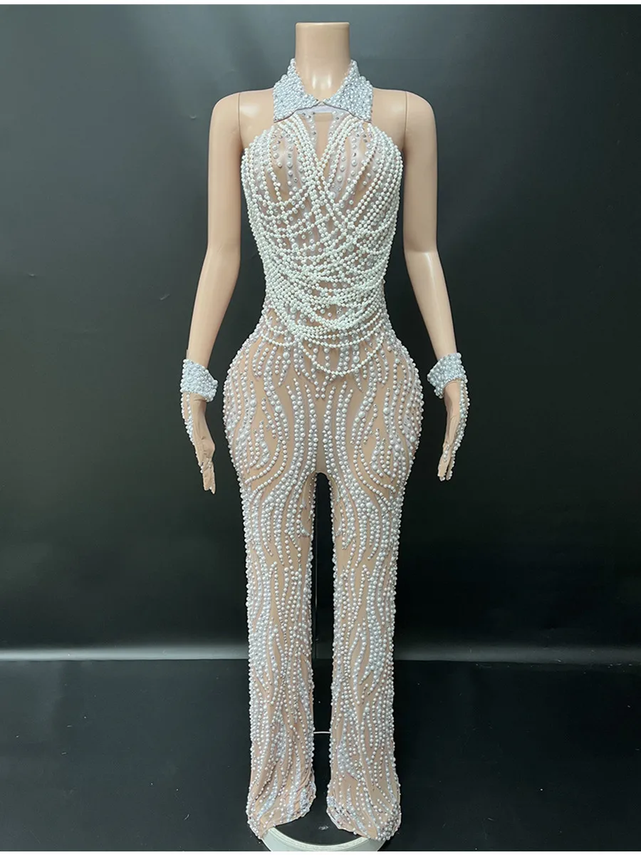 Elegant Luxury Beaded Rhinestone Jumpsuit - Backless Evening Dress for Host Stage Performance Birthday Party Prom Glove jumpsuit