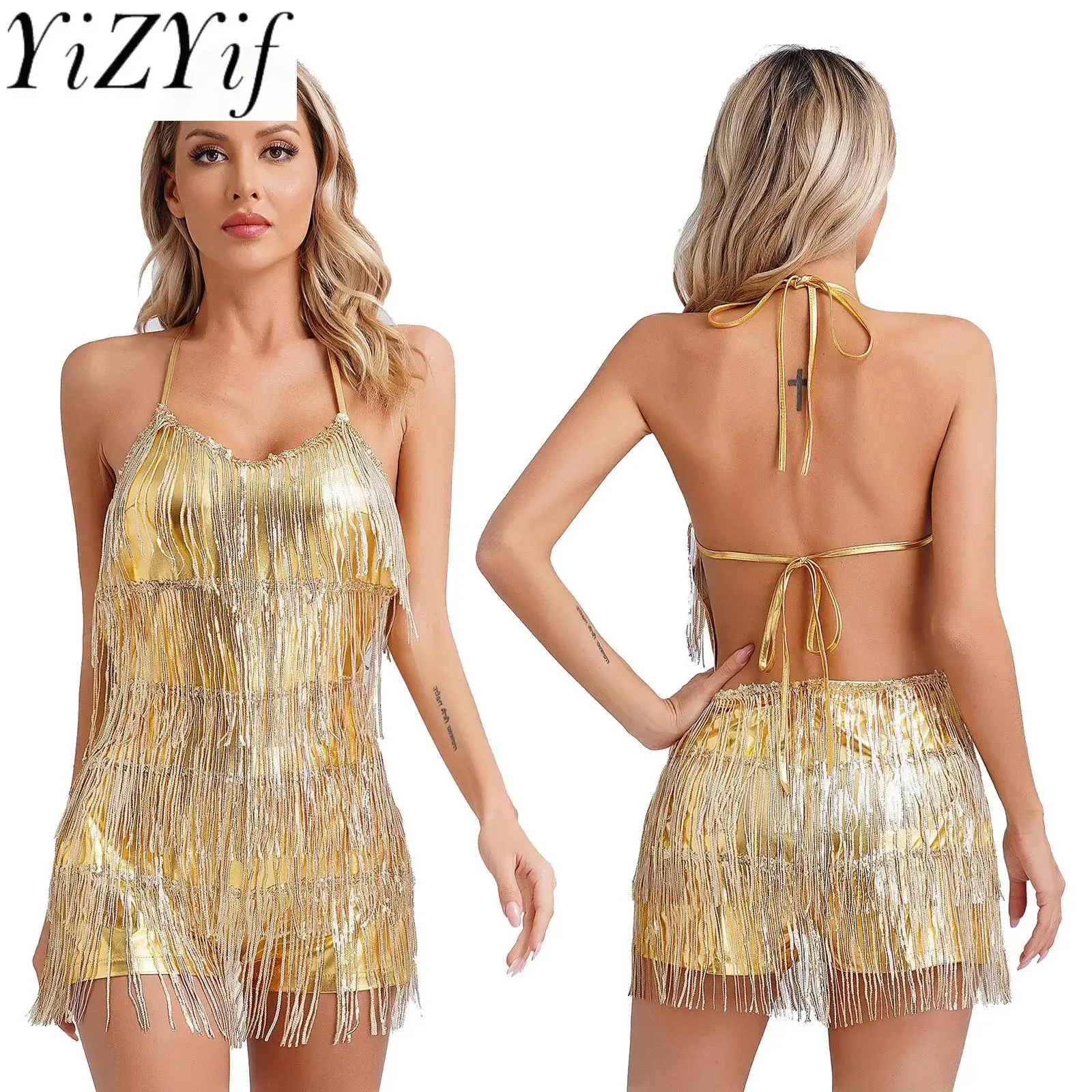 

Women Glittery Sequin Fringe Latin Dance Costume Samba Dress Rompers Metallic Jumpsuit Tassel Bodysuit for Stage Performance