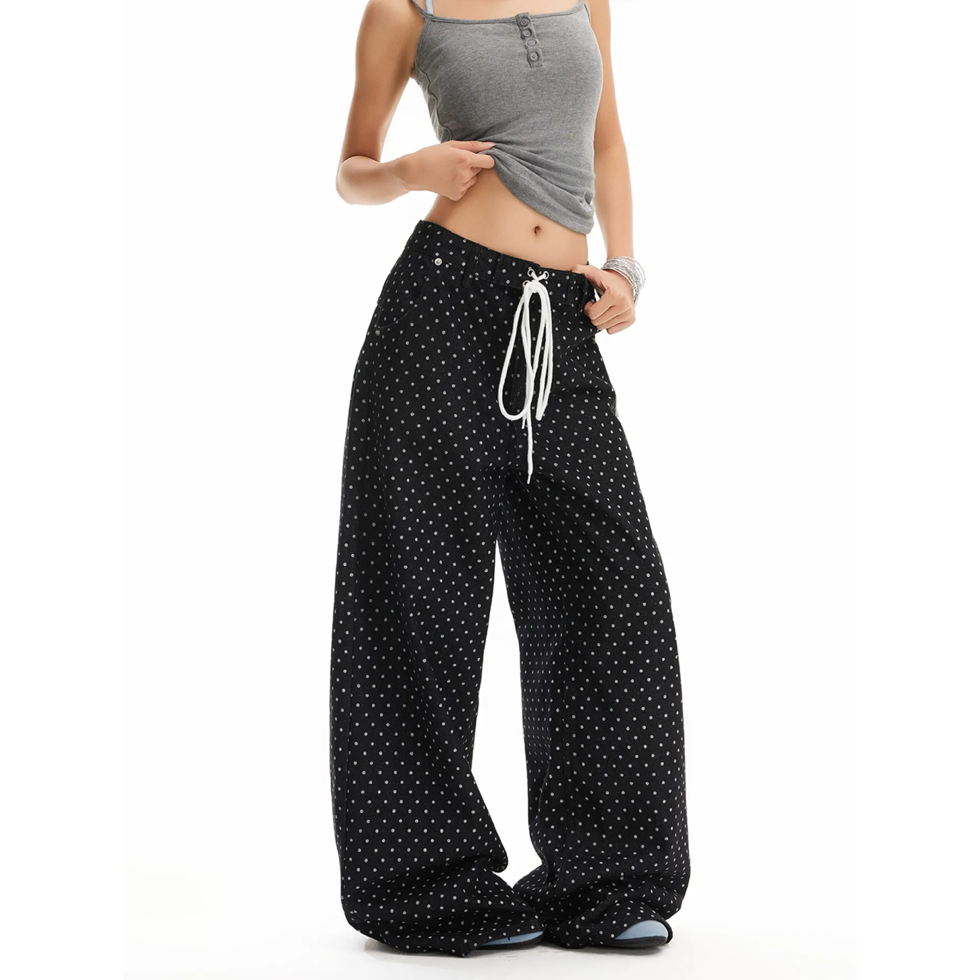 Retro Polka Dot Drawstring Black Straight Jeans Women's New Loose Casual Versatile Wide Leg Mopping Pants