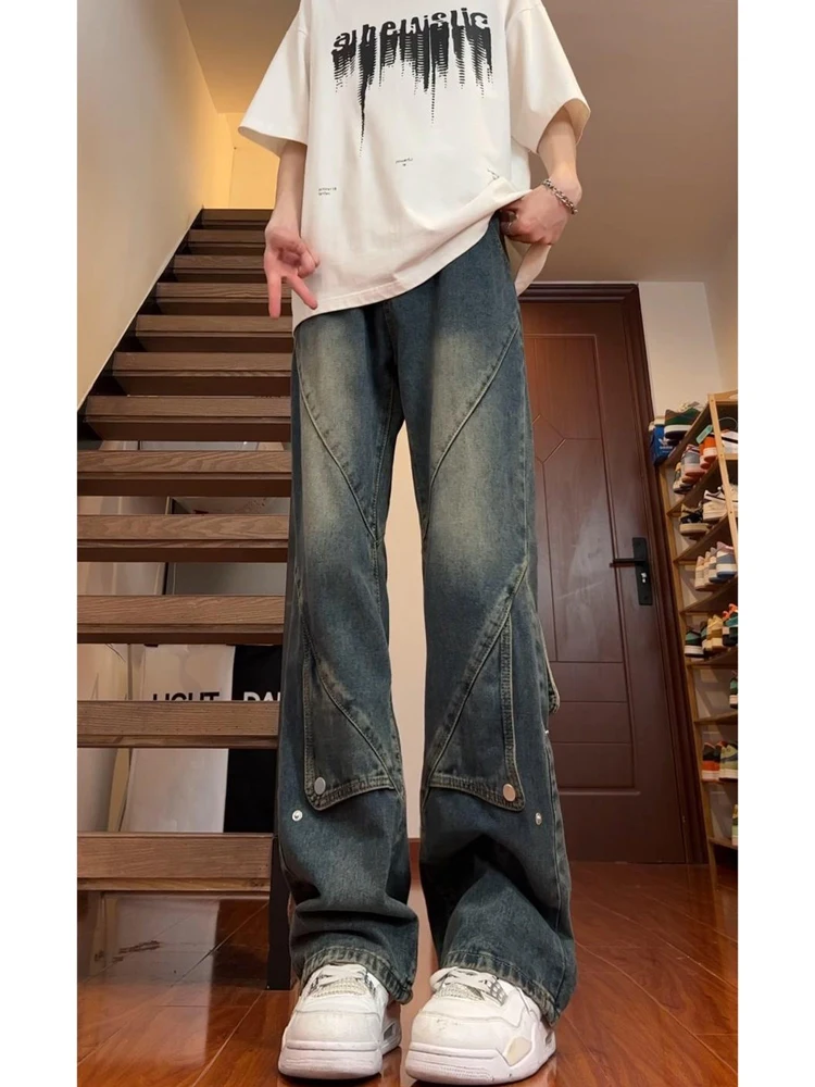 

Американские джинсы в стиле High Street Workwear для мужчин, модные брендовые джинсы Haome Street Vibe, ретро-синие прямые брюки с микро-клешем