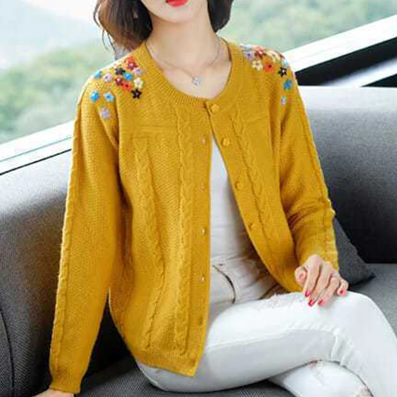 Women Korean Fashion Retro Twist Embroidery Single Breasted Knitted Cardigan Autumn Winter Casual Long Sleeve Loose Sweater Coat