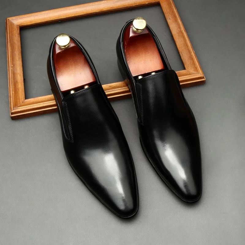 

Fashion Casual Luxury Loafers For Men Genuine Leather Pointed Toe Slip On Formal Dress Shoes Men Wedding Black Oxford Work Shoes