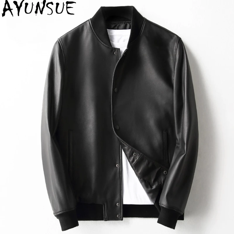 

AYUNSUE Genuine Sheepskin Leather Jacket for Man Baseball Collar Short Men's Motorcycle Jackets Leather Coat chaquetas hombre