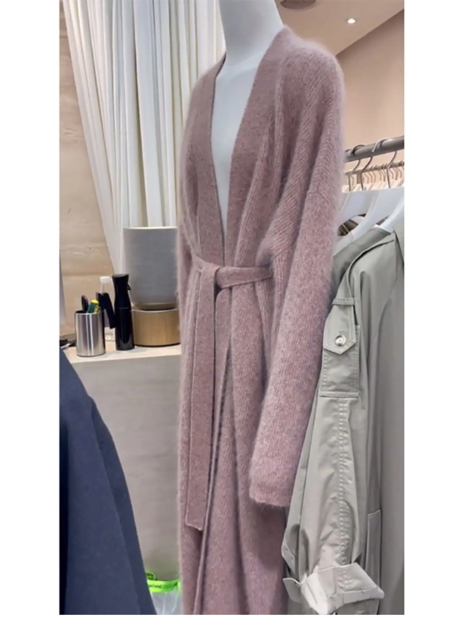 Spring Mid length Sweater Jackets Autumn Winter 2023 New Purple Long Knitted Sweater Cardigan Coats With Belt bd836