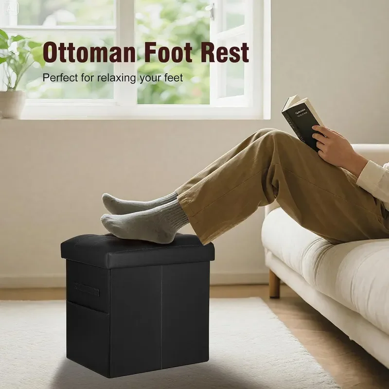 Foldable Leather Storage Ottoman Thickened Foam Upholstered Seat Bench Stool with Carry Handle for Living Room Bedroom