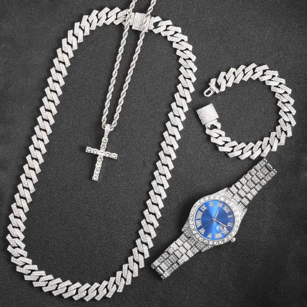 Iced Wacth Set With Gift Box Cross Pendant Hip Hop Cuban Chain Necklace Bracelet Luxury Jewelry for Men