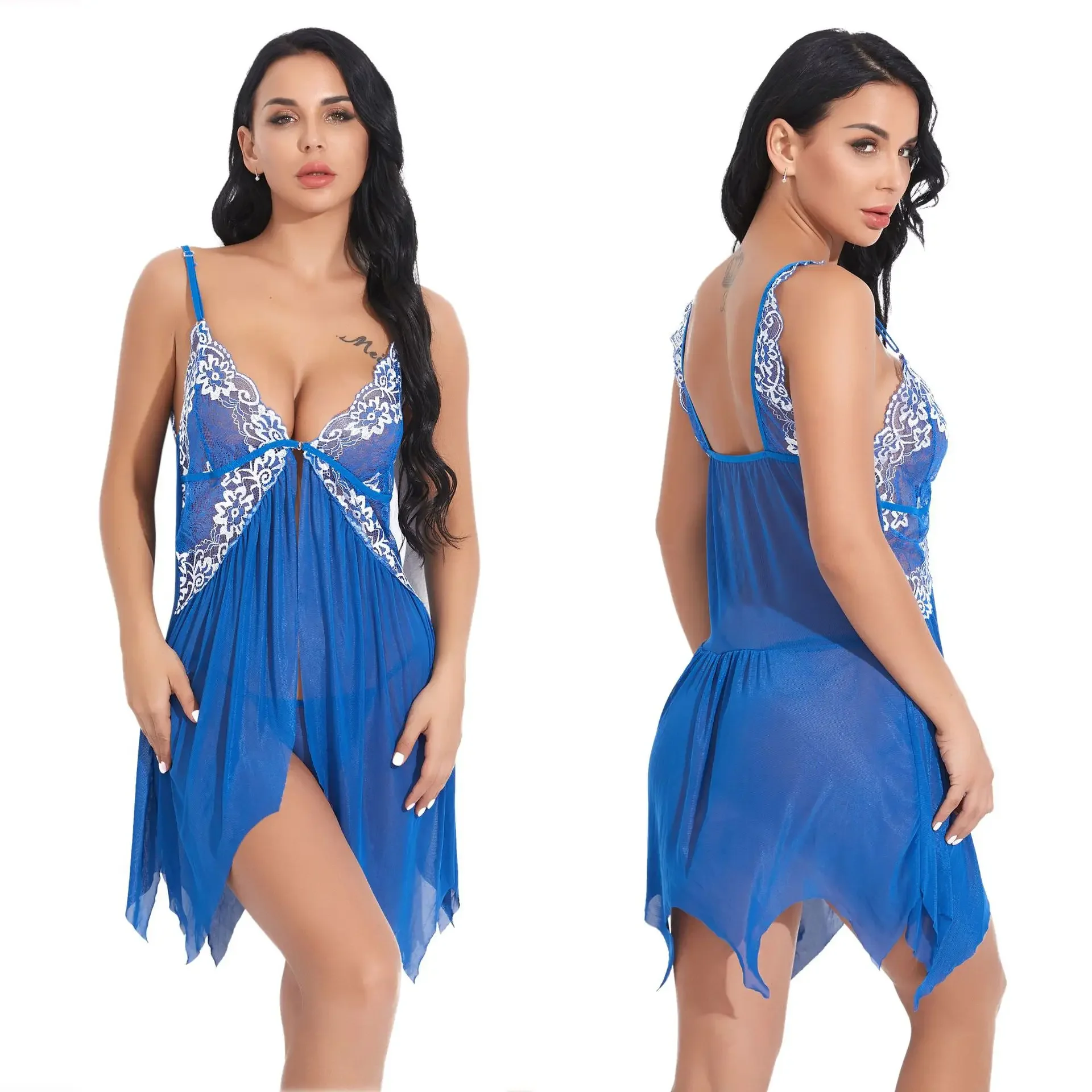 여성 섹시 란제리 베이비돌 속옷 에로틱 드레스 시스루 레이스 슬립웨어 나이트드레스 + 끈 팬티 섹시 코스튬 섹스 드레스