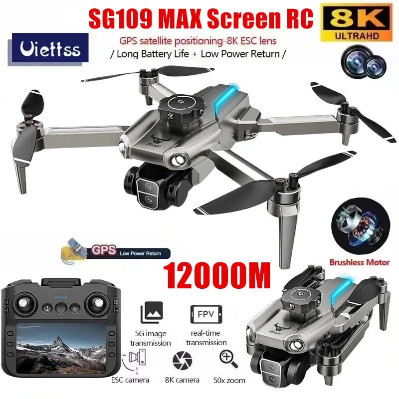 Professional SG109 MAX GPS Drone With Screen 8K HD Dual Camera 5G WIFI 360°Obstacle Avoidance Brushless Foldable Quadcopter Dron