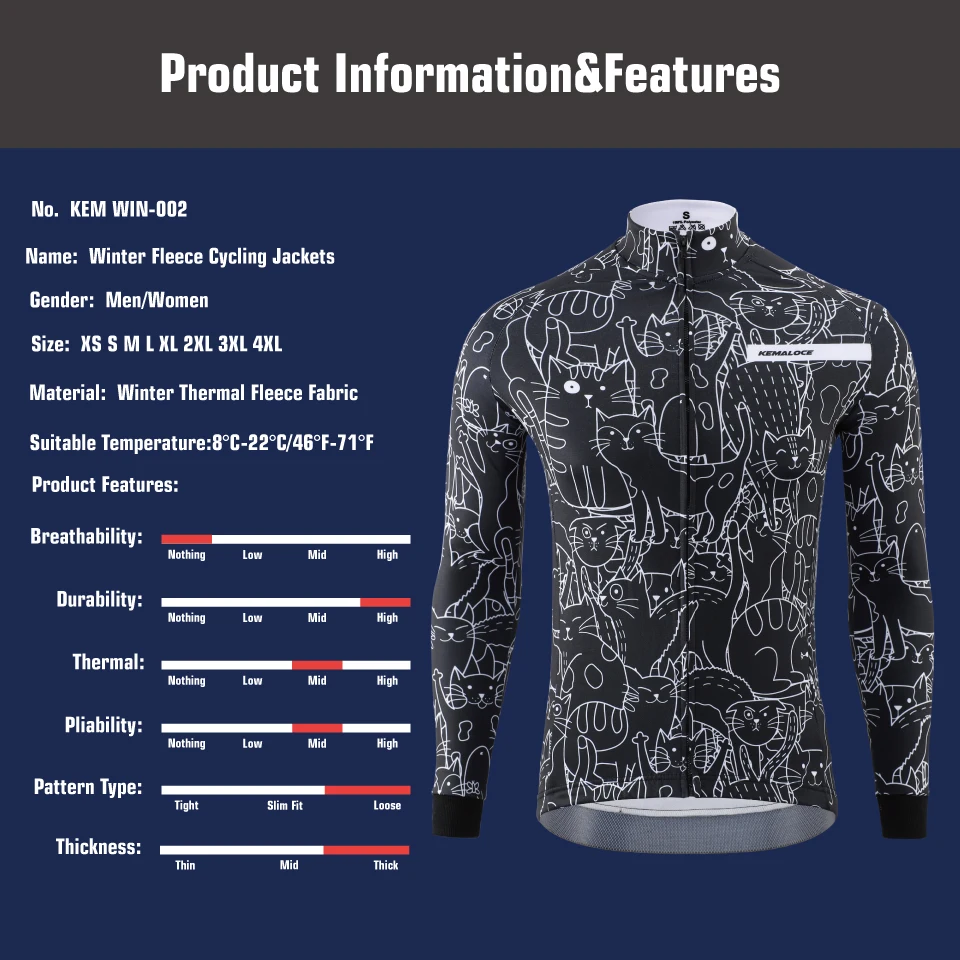 KEMALOCE Winter Cycling Jackets Men Fleece Long Sleeves High End Bike Jackets Black&White Thermal Fabric MTB Bicycle Clothing