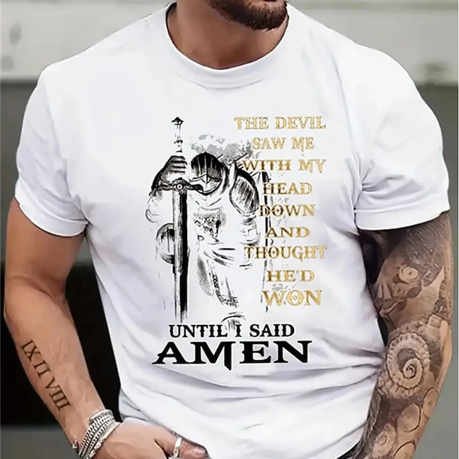 Men's Inspirational Knight T Shirt 'The Devil Saw Me Until I Said Amen' Faith Design vintage Washed designer clothes Soft