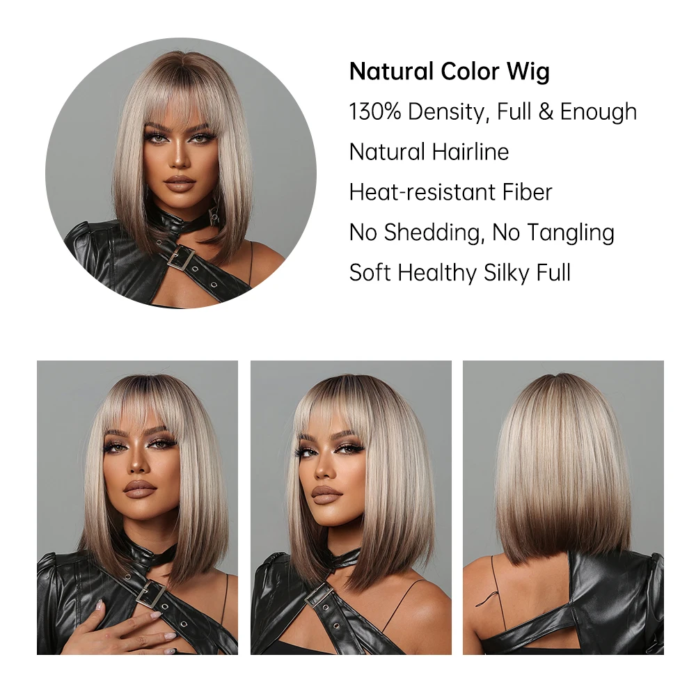 Short Ombre Blonde to Brown Straight Synthetic Wigs with Bangs Cosplay Party Women Bob Hair Wig Natural Heat Resistant Fibre