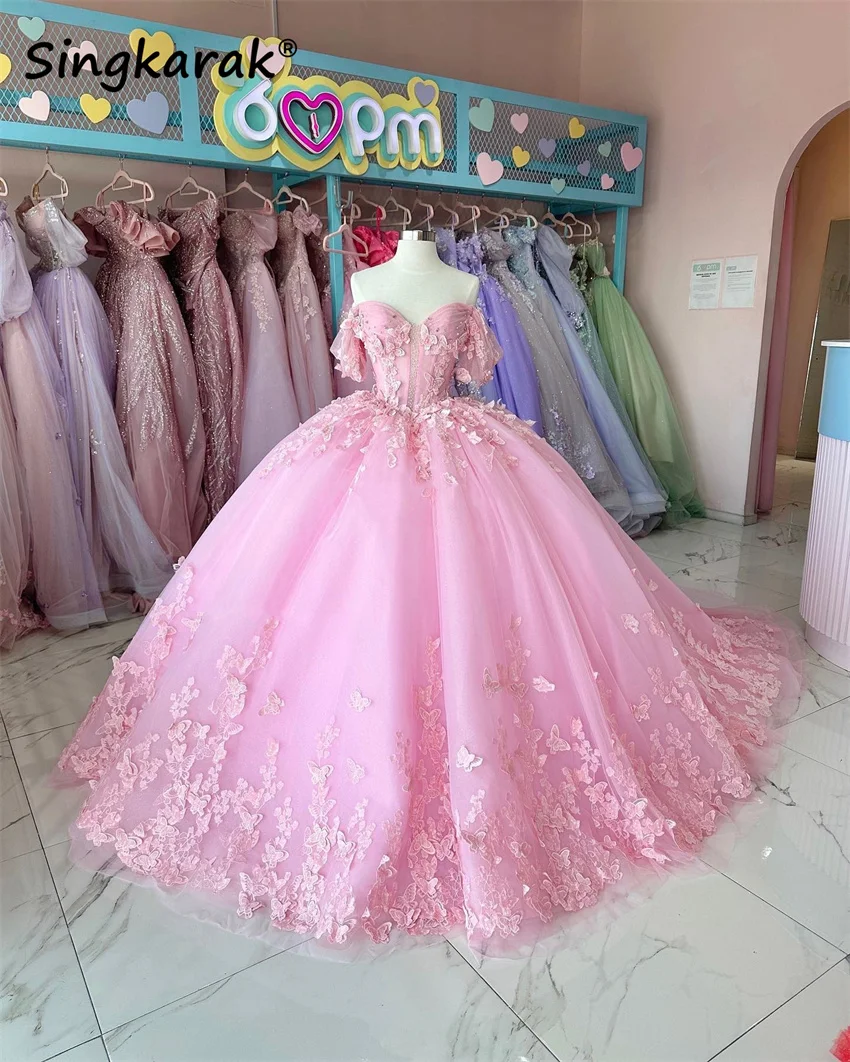 Vestido para quinceañeras De color rosa dulce, cuentas, cristales, apliques De mariposa, vestido De baile dulce 16, vestido De cumpleaños, Vestidos De 15 anos personalizados