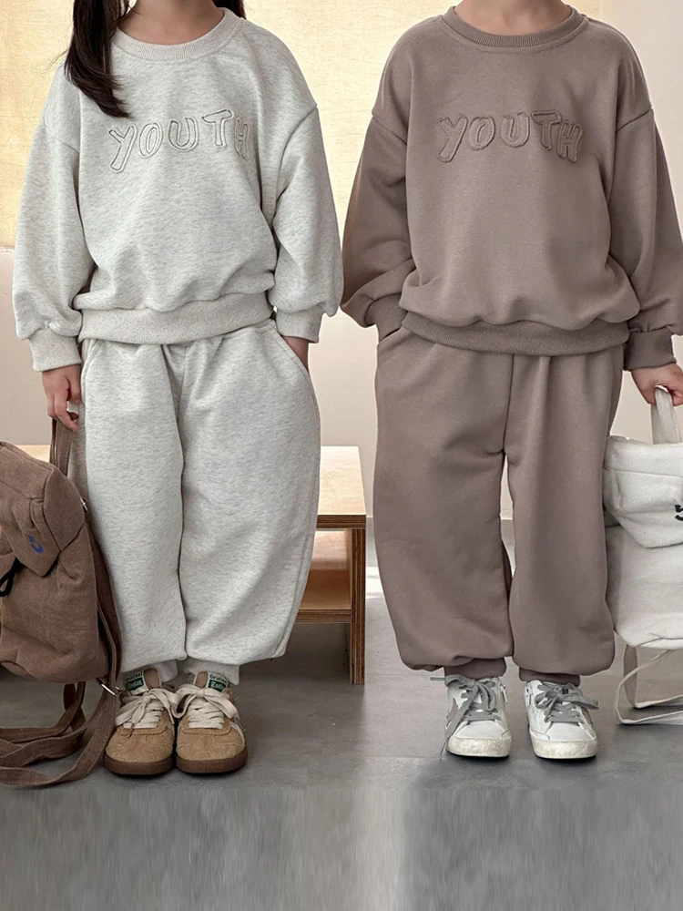 

Свитшот с нашивками для девочек, повседневный корейский комплект из смеси хлопка, осеннее новое поступление, костюм из двух предметов для детей и младенцев