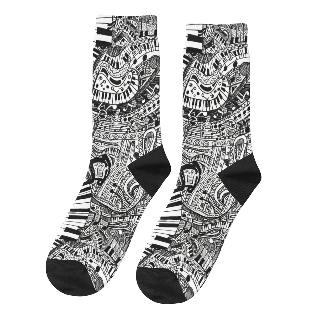 

Classical Music Doodle With Piano Keyboard Men's Socks Piano Keys Music Art Unisex Harajuku Pattern Printed Happy Crew Sock Gift