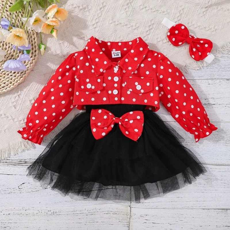 Baby Girls Trendy Polka Dot Lapel Single Breasted Long Sleeved Coat Top Paired with Suspender Bow Dress Headband Three Piece Set