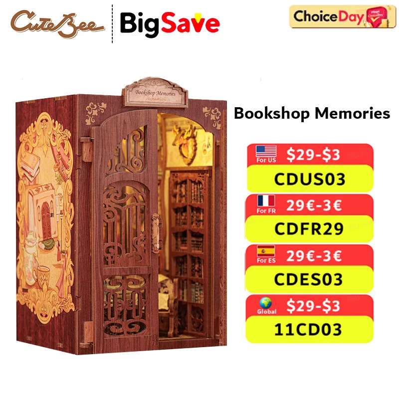 CUTEBEE DIY Book Nook Kit Miniature Wooden Dollhouse with Light Bookshelf Insert Decoration Model for Gifts Bookshop Memories