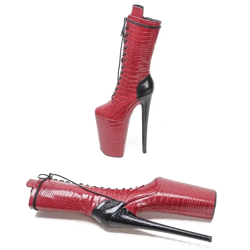 Auman Ale New 26CM/10inches PU Upper Red With Black Sexy Exotic High Heel Platform Party Women Boots Pole Dance Shoes 010