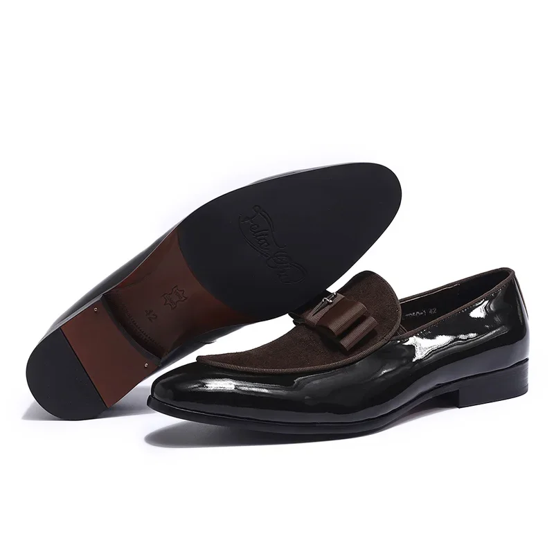 Handmade Men\'s Genuine Leather Patent Suede Loafers Patchwork Bow Tie Dress Shoes for Wedding Banquet Formal Occasions