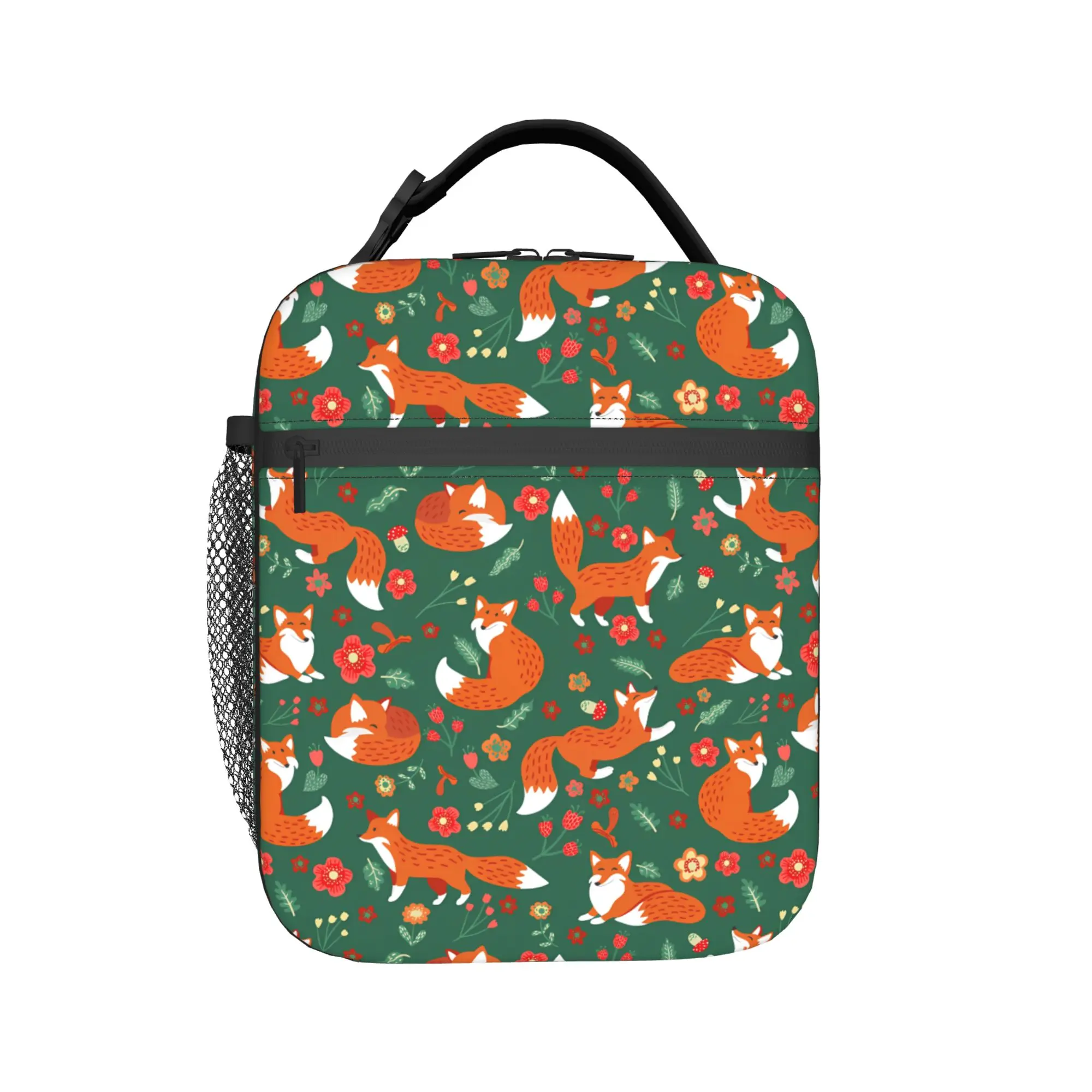 Cute Foxes Green Christmas Pattern Lunch Bag For Men  Designer Office Lunch Box Funny Convenient Oxford Cooler Bag