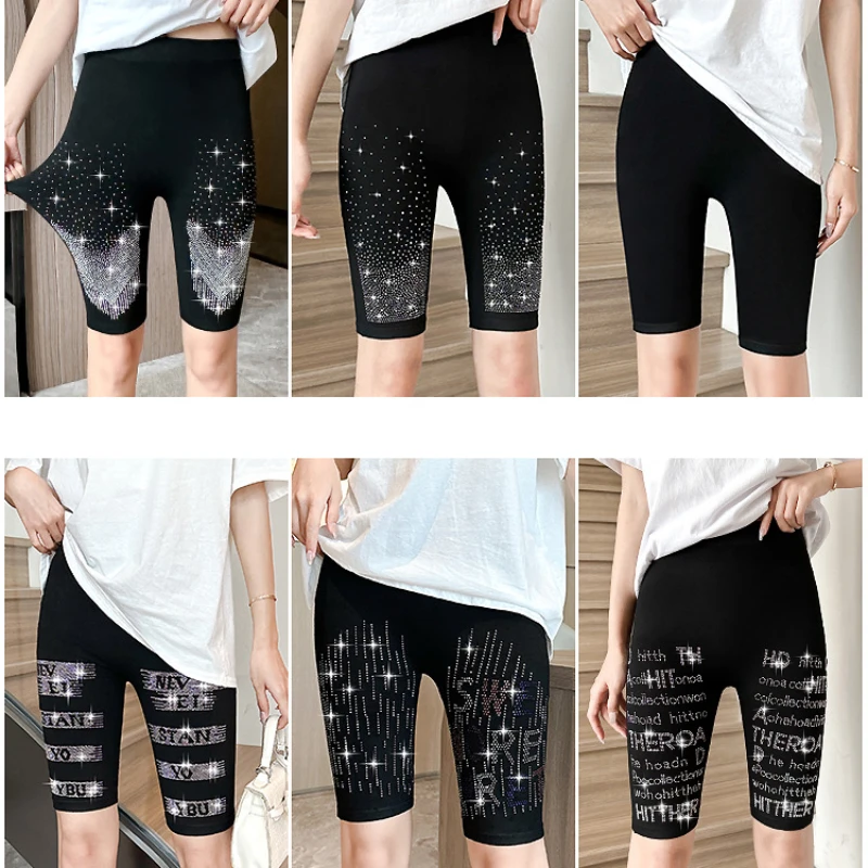 Black Stretch Rhinestone Skinny Shorts Women Leggings Stars Letter Hot Drilling Knee-length Elastic Short Pant Slim Yoga Legging