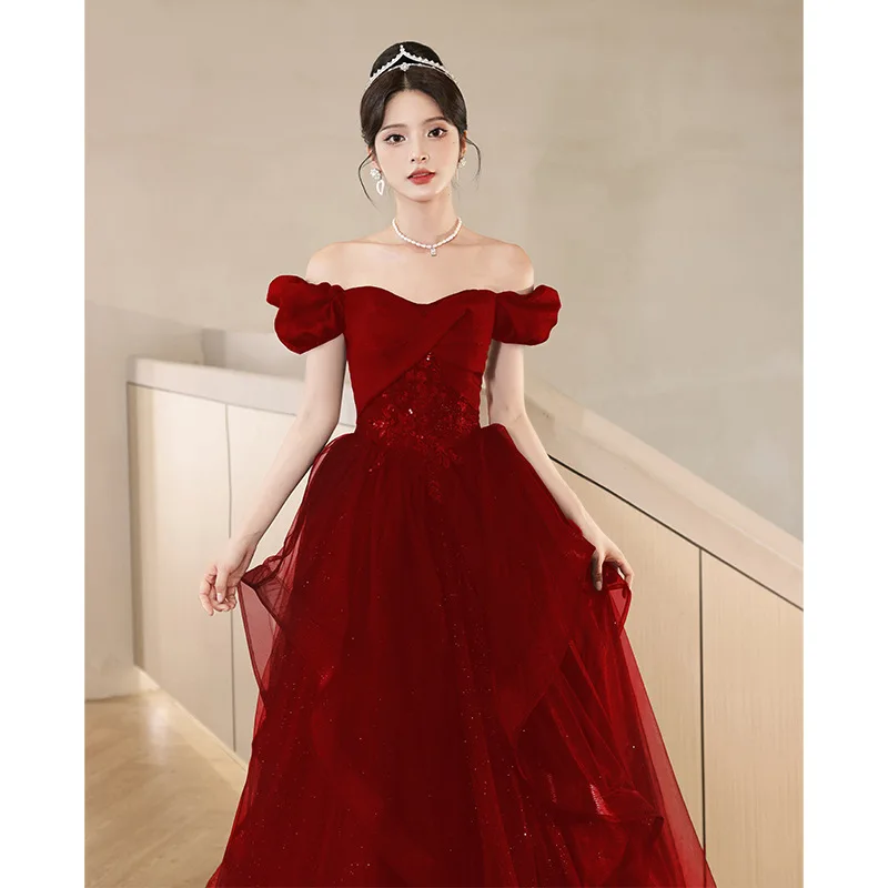 Burgundy Vintage Plus Size 3XL Dress Women's Wedding Engagement Party Dresses Fashion Elegant Temperament Gauze Vestidos