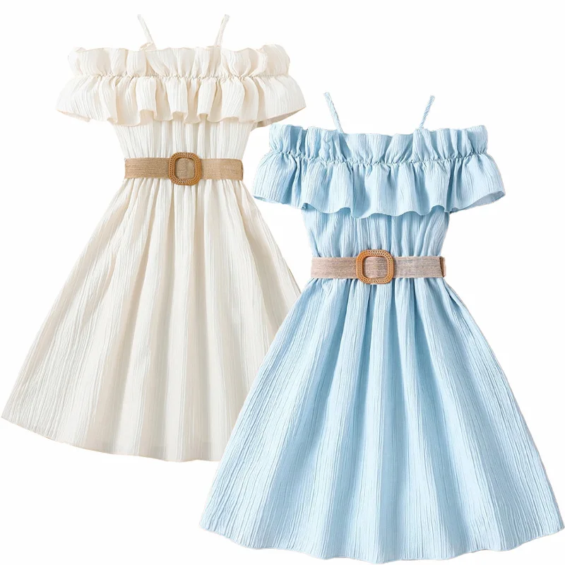 Summer Girl Dress Off Shoulder Fashion Girl Clothes Teenager Beach Dress with Belt Kid Outfits Children Clothing Plus Size Teens