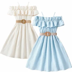 Summer Girl Dress Off Shoulder Fashion Girl Clothes Teenager Beach Dress with Belt Kid Outfits Children Clothing Plus Size Teens