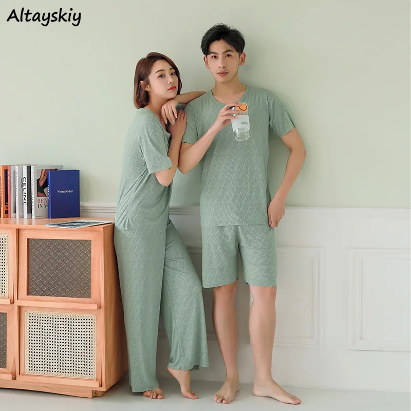 

Летние пижамные комплекты для пар с короткими рукавами, простые эластичные свободные пижамы с круглым вырезом для отдыха, мягкие модальные дышащие стильные комплекты