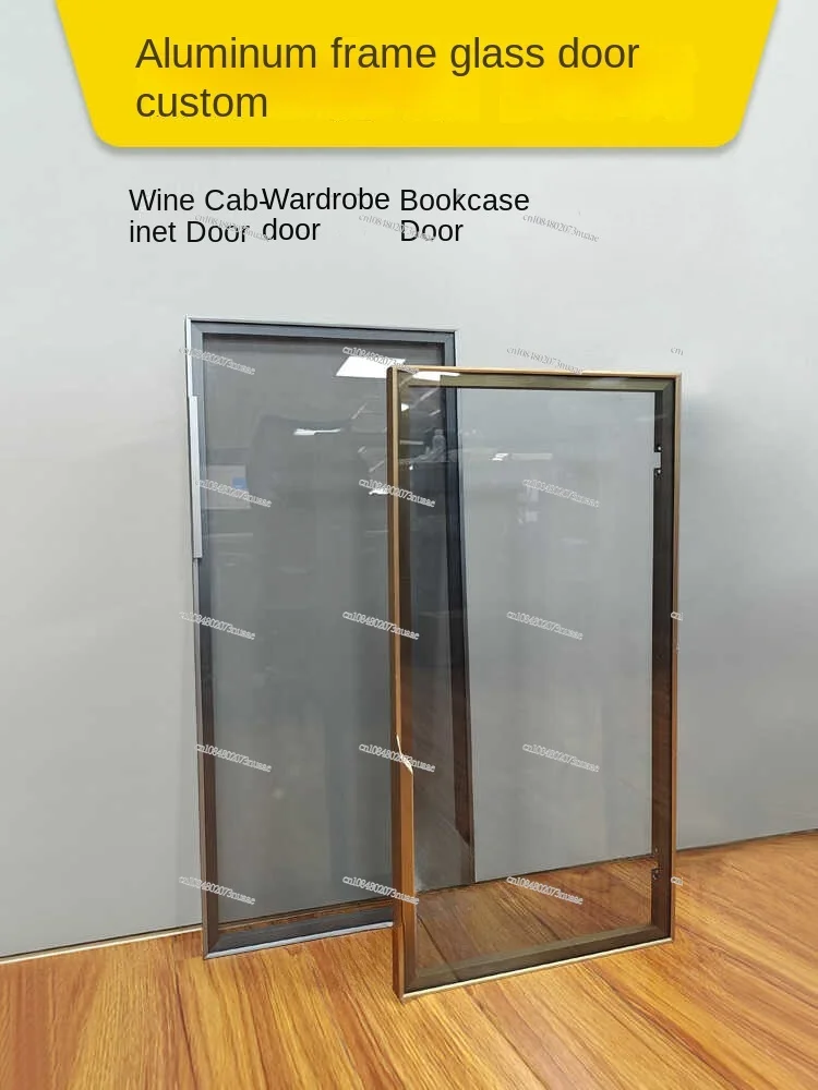 Frame Tempered Glass Wardrobe Door, Narrow Side Design, Tea Gray, Black, Transparent Color, Light Luxury Bookcase, Wine Cabinet