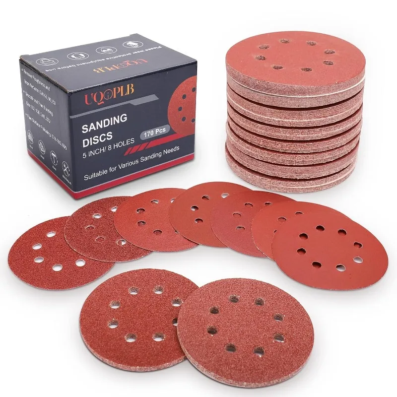 

170 Pcs 5 Inch Sanding Discs, 8-Hole Hook and Loop Round Sandpaper for Random Orbital Sander 40 60 80 120 150 240