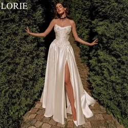 LORIE Elegant Satin Wedding Dresses A-Line Side Slit Beading Strapless Lace Pleated Bride Prom Gown 2025 Bridal Gowns Customized